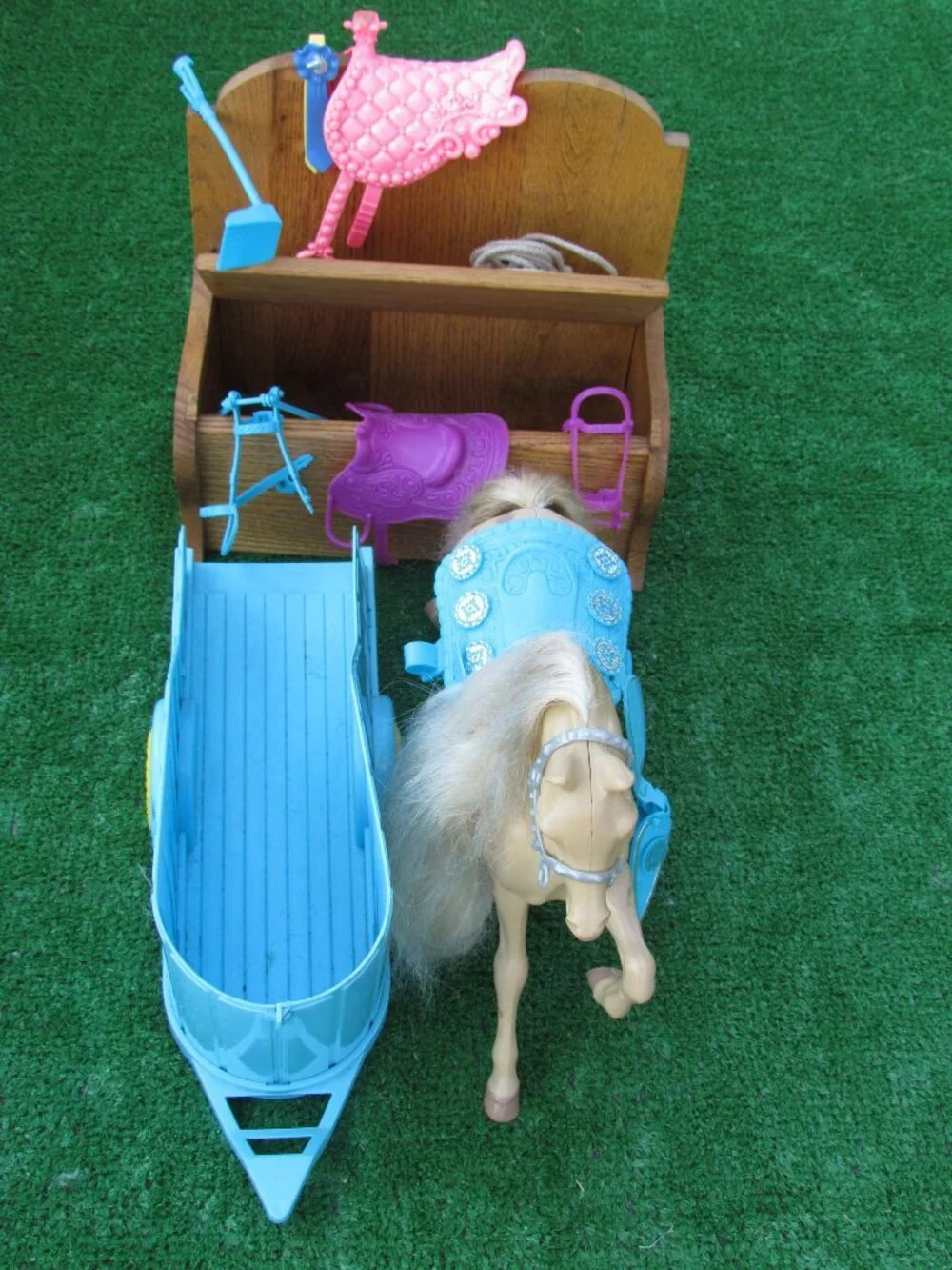 BARBIE WESTERN STAR HORSE + TRAILER, SADDLES, WOODEN TACK BOX BENCH, MISC LOT